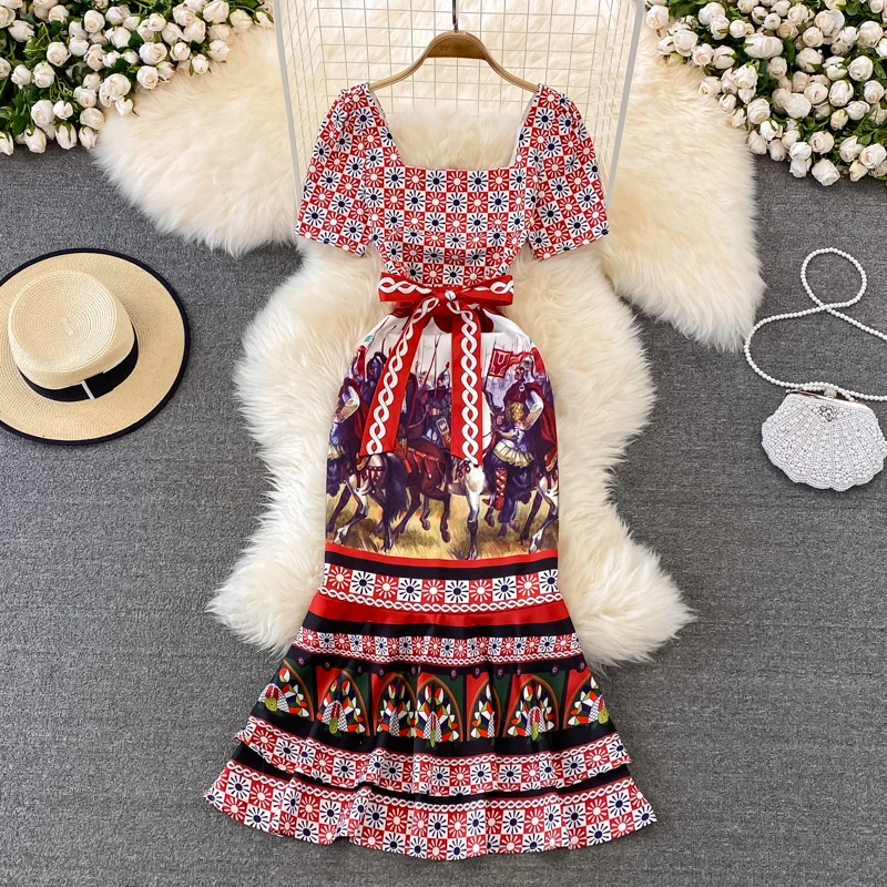 

Palace Retro Dresses For Women 2022 Clothes Square-neck Luxury Evening Party Sexy Women Fishtail Bag Hip Dress vestidos 220260