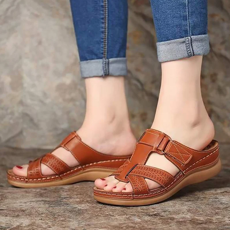 

Summer Sandals for Women Retro Roman Casual Wedge Sandals Female Plus Size 44 Soft PU Leather Slippers Hook and Loop Shoes 2023