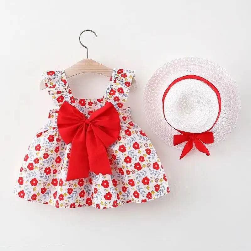 

Summer 0-3Yrs Children Clothing Kids Birthday Party Dress+Hat Sleeveless Cotton Printing Bow Infant Baby Girls Princess Dress