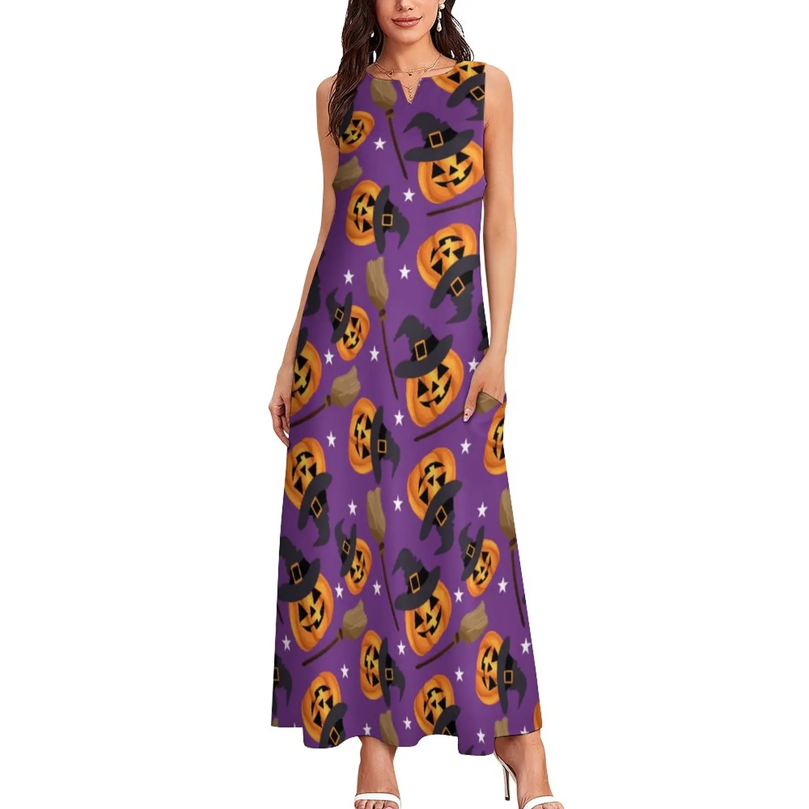 

Flying Witch Print Dress Halloween Pumpkin Elegant Maxi Dress Street Wear Casual Long Dresses Summer V Neck Vestido Big Size 4XL
