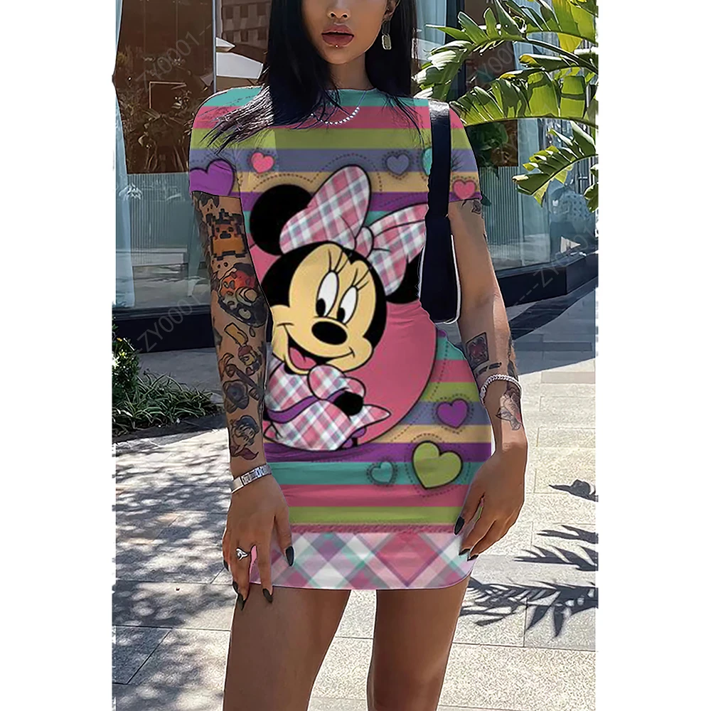 

Disney New Temperament Slim Summer Women's Elegant Retro Large Size Dress Round Neck Mickey Minnie Sleeve Short Skirt
