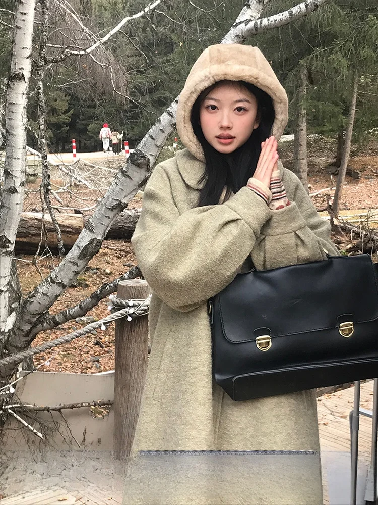 Horide Зимняя зеленая шуба ягненка с кукольным воротником шерстяная куртка средней