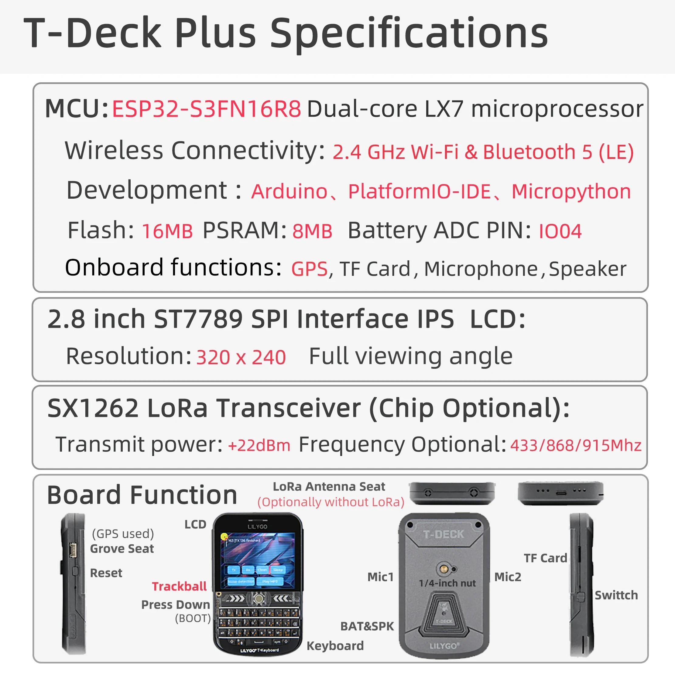 LILYGO T-Deck Plus ESP32-S3 SX1262 Модуль LoRa 2,8-дюймовый ЖК-дисплей для разработки Dev ice Long Range 433 МГц 868 МГц 915 МГц 920 МГц с GPS (art.: 3920d2fa80e92) - 3920d2fa80e92