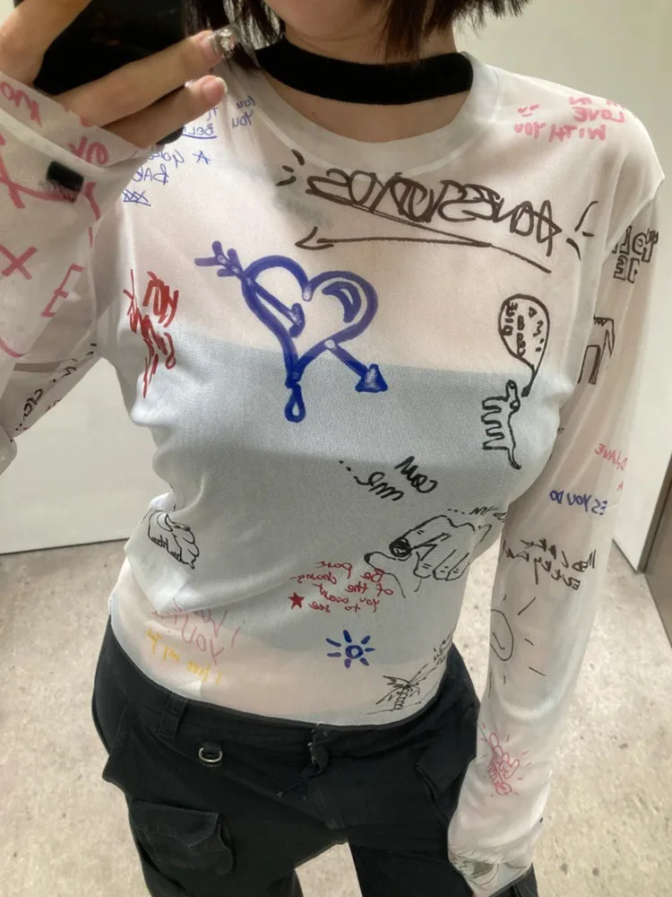 

Women Letter Print Long Sleeve Tee Tops 2023 Summer Female Thin O-Neck Casual All-Match Slim T-Shirt Bottoming Tops