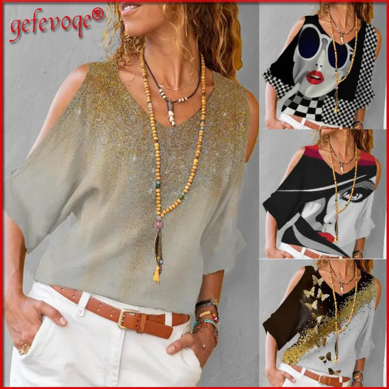 

Sexy Off Shoulder V Neck Print Y2K Harajuku Street Tees T-shirt Women 2022 Summer Fashion Casual Loose Tunic Top Female Clothing