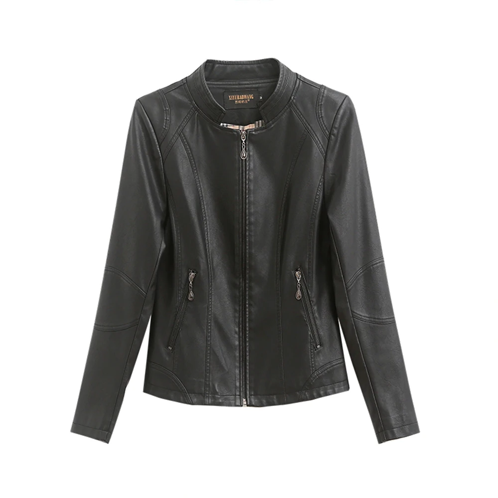 New Women Short Leather Coat Spring Autumn Fashion Small Stand Collar Sheepskin Slim Jacket Casual Outerwear Split Leather