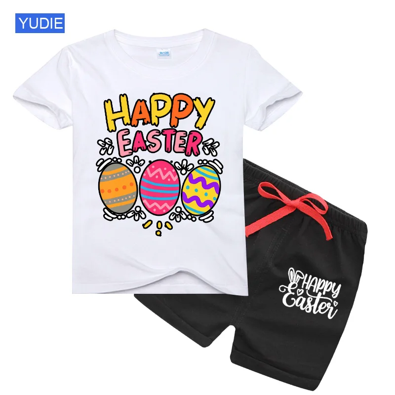 

2022 New T-shirts for Kids Cute Funny Rabbit Animal Easter Eggs Print Funny Kids T Shirt Girl Clothes Boys Tops Pants Sets