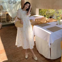 high quality large size embroidery women vestidos elegantes dress white square collar floral dress puff sleeve