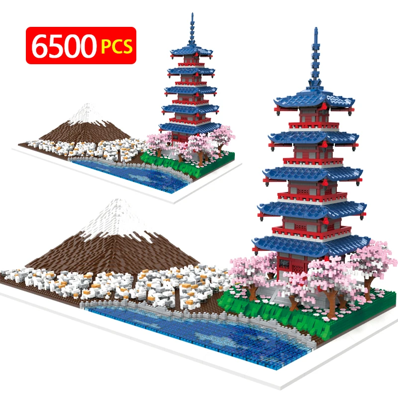 

6500PCS Japanese Style Street View Mount Fuji Tower Model Building Blocks City Cherry Blossoms Pavilion Bricks Toys For Kids