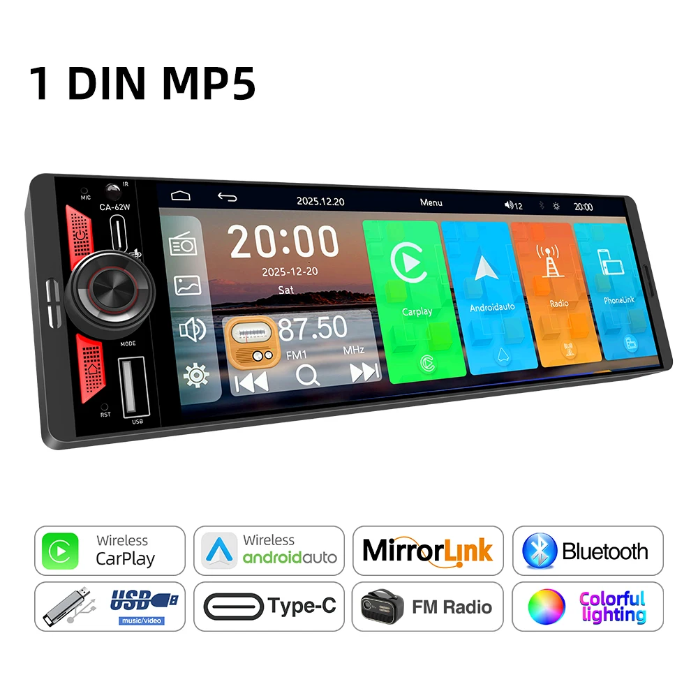 

6,5-дюймовый 1DIN IPS Автомобильный Мультимедийный Плеер С Беспроводным Carplay, Android Auto, Airplay, Bluetooth, FM, Type-C