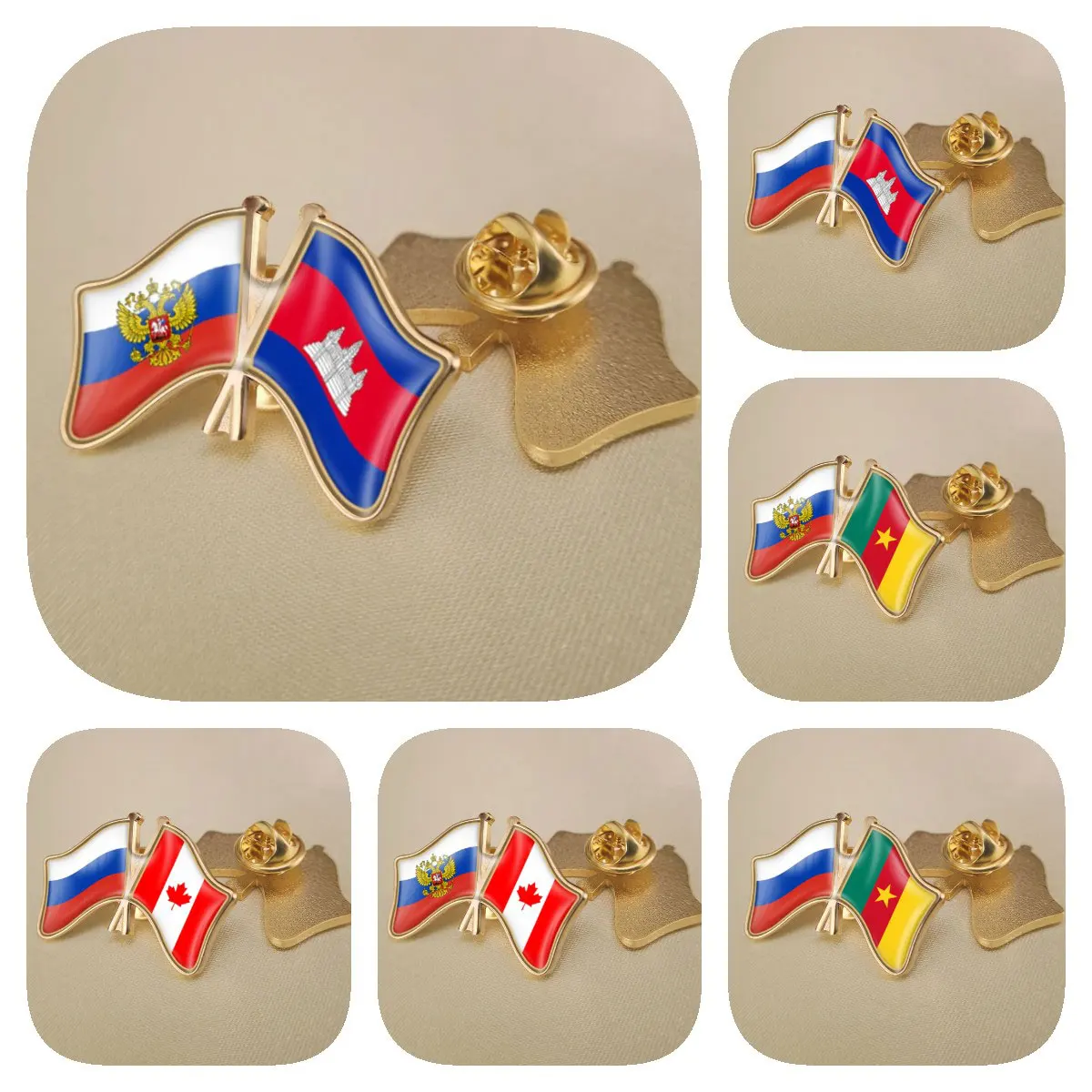 

Russian Federation and Cambodia Cameroon Canada Double Crossed Friendship Flags Brooches Lapel Pins Badges