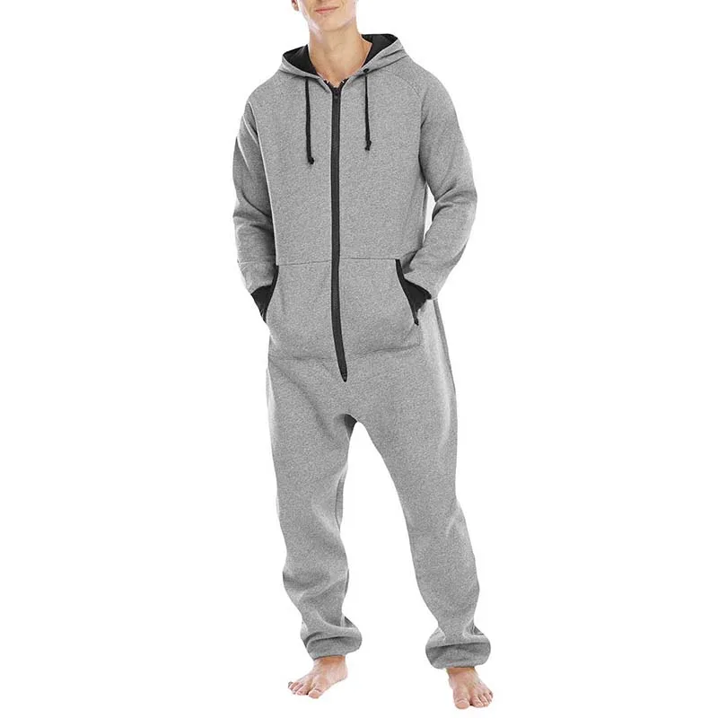 3 Colors Men Fall Warm Sleeping Jumpsuit Solid Color Hooded Long Sleeves Zip-Up Romper with Pocket for Home Loungewear Sleepwear