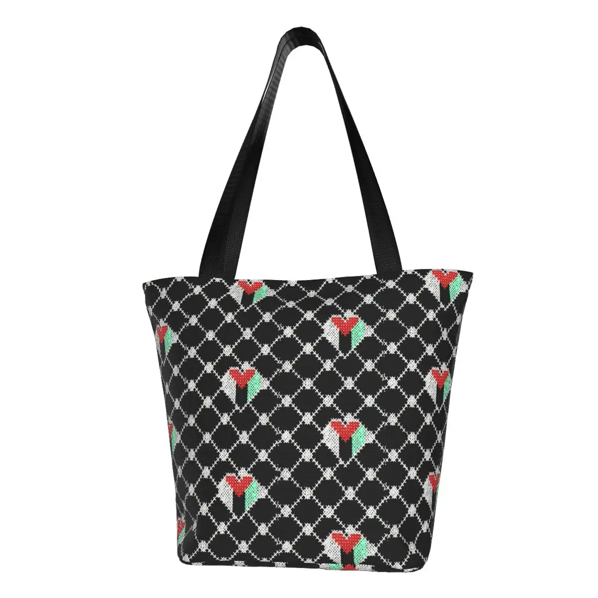 

Casual Unisex Palestinian Hatta Kufiya Shopping Bag With Zipper Palestine Heart Flag Keffiyeh Merchandise Handbag Tote Bags