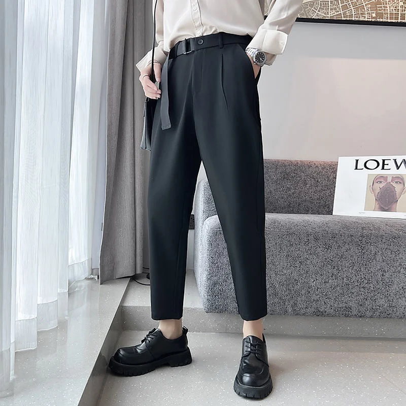 Мужские брюки с поясом Privathinker, повседневные модные черные однотонныеукороченные брюки, мужские Брендовые брюки прямого кроя