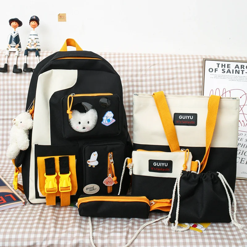 

5 piece set school bags for girls 2023 cute bear kids backpacks and pencil case black 5 in 1 student backpacks for teenagers boy