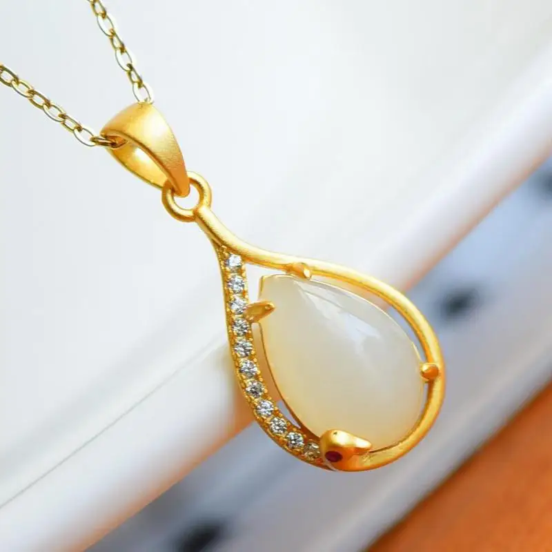 

Серебряная подвеска в виде капли воды из белого нефрита S925 пробы с цирконом, сертифицированное яркое серебряное ожерелье из нефрита