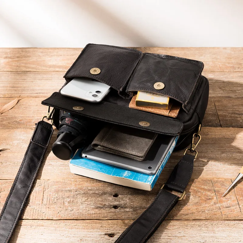 PNDME fashion casual high quality genuine leather men's black messenger bag outdoor daily travel soft real cowhide shoulder bag