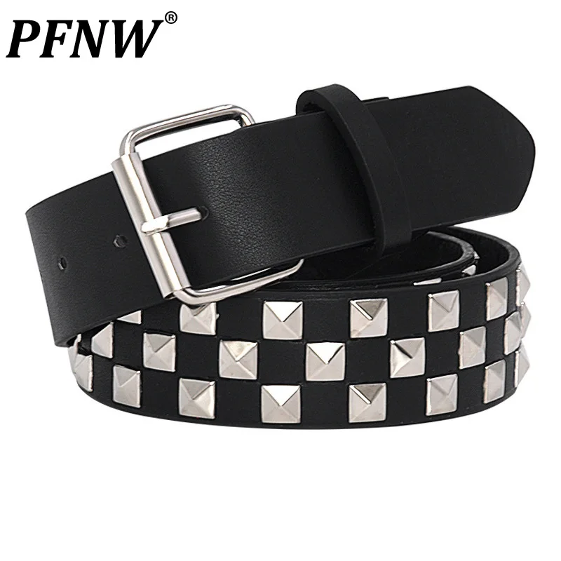 PFNW Men's Punk Style Versatile Square Rivet Design Belt Pin Buckle Solid Color Metal Decoration Darkwear Trendy Girdle 12Z1310