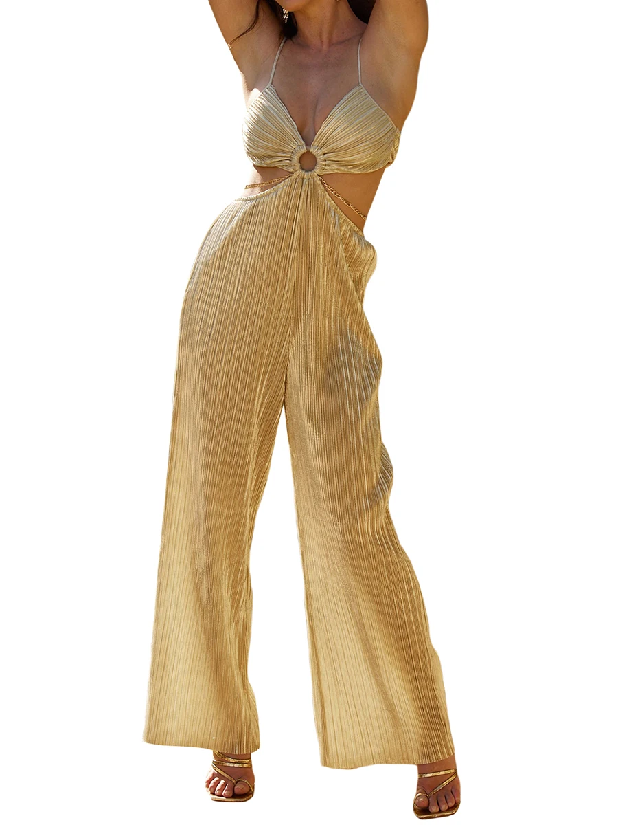

Женский комбинезон с вырезами, длинные брюки на тонких бретелях с металлической цепочкой, Блестящие Брюки с широкими штанинами, женская одежда для улицы