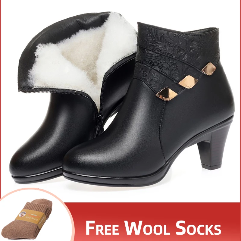 Women's Winter Boots 2023 New Genuine Leather Dress Women Boots Fashion Mid-heel Wool Warm Women's Ankle Boots