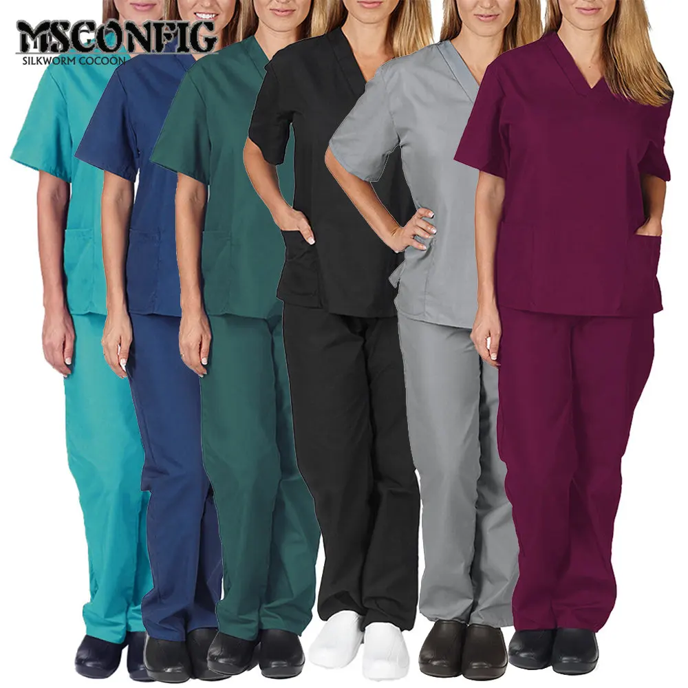 High Quality Solid Color Nursing Scrubs Women Uniforms Elasticity Pet Clinic Nurse V-neck Medical Doctor Work Clothing Wholesale