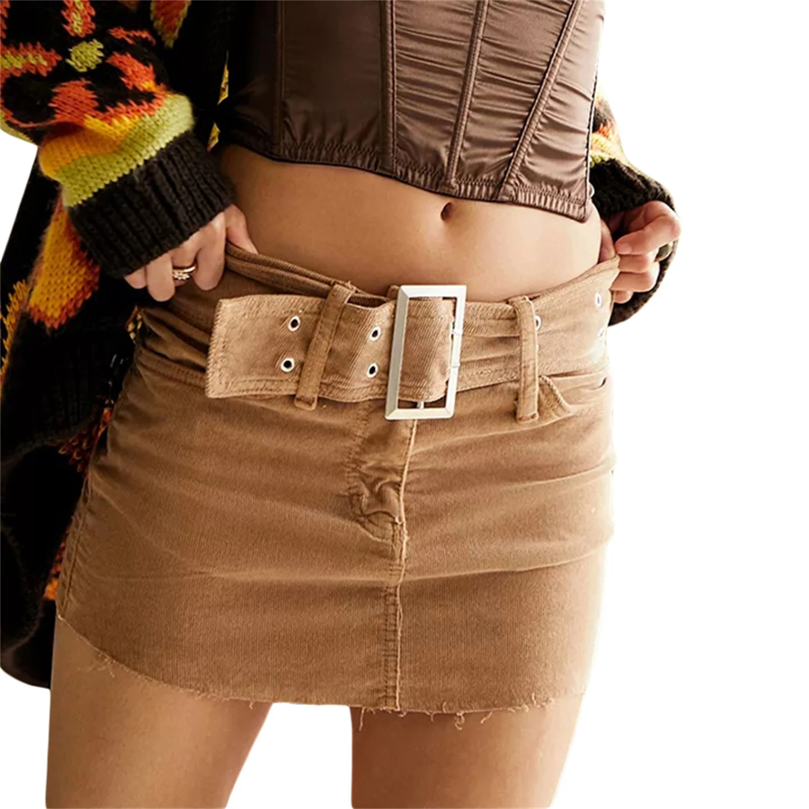 

New Women Vintage Skirt Solid Color Corduroy Low Waist Slim Fit Buttock Retro Short Dress with Belt