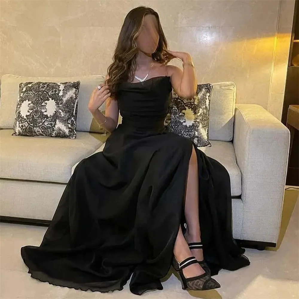 

MINGLAN Black Strapless Pleat Sleeveless A Line Long Evening Dress Elegant High Slit Floor Length Sweep Train Prom Gown New 2023