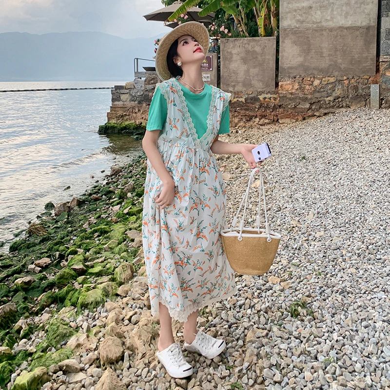 Летняя кружевная юбка-жилет с цветочным принтом средней длины |