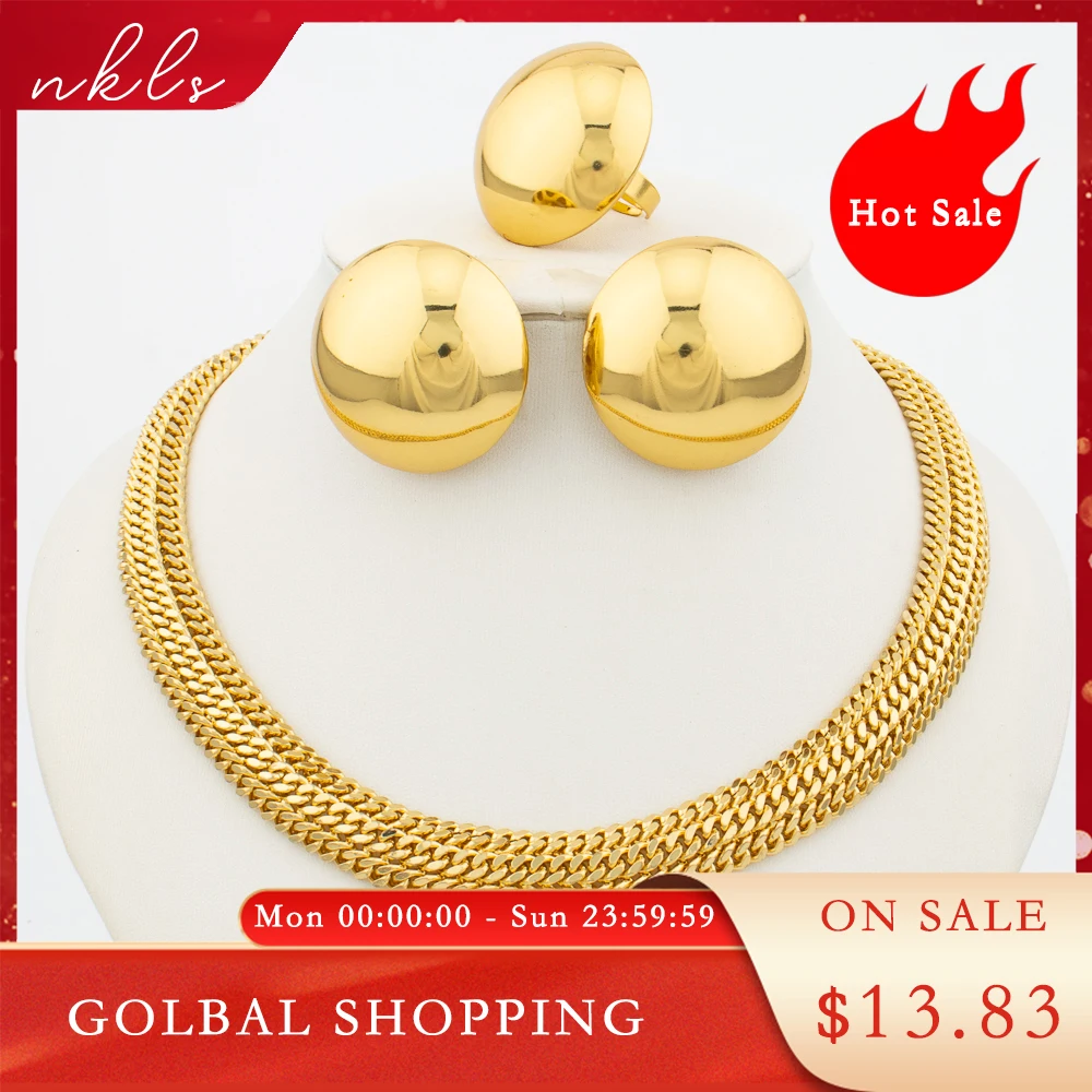 

Dubai Gold Plated Jewelry Classic Copper Chain Necklace New Earrings Rings Sets Ethiopian Fashion Women's Jewelry Party Gifts