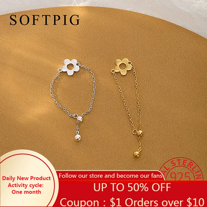 

SOFTPIG Real 925 Sterling Silver Flower Bead Chain Tassel Adjustable Ring for Women Classic Fine Jewelry Minimalist Accessories