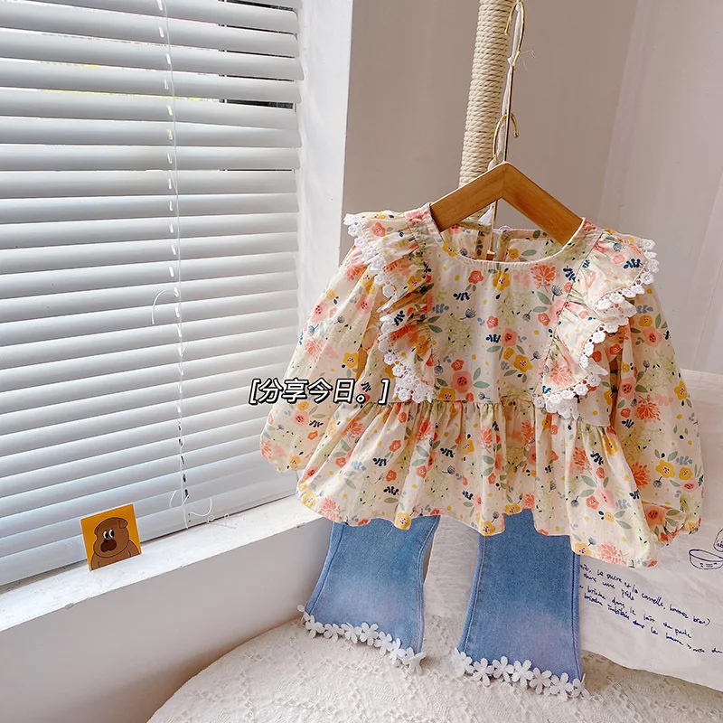 

Girl Clothing Sets Autumn Spring Floral Blouses Shirts Tops Jeans Pants Fashion Kids Clothes Girls New Fall Two Piece Set 3-7Y