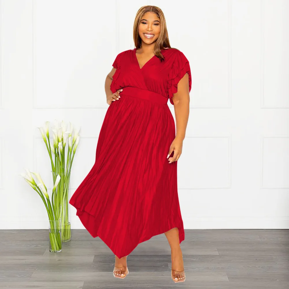 Plus Size Party Dress Women Ruffle V Neck Elegant Pretty Cloth Lady Casual Luxury Robe 2023 Summer Trendy Evening New In Dress