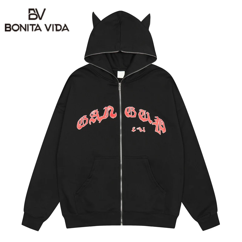 

Men's Hip Hop Streetwear Y2K Hoodie Autumn Letter Print Devil Horn Hat Design Loose Zip Casual Cotton Couple Sweatshirt