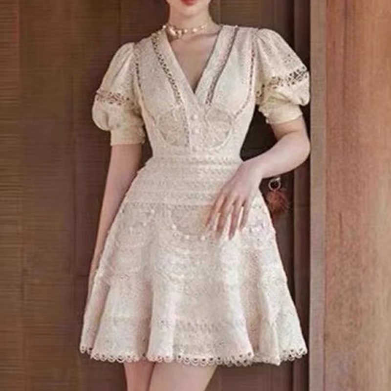 

Beige Color Hollow Out Embroidery Floral Women Dress Elegant Ruffles Button Lace Slim Lady Mini Dresses Clothing