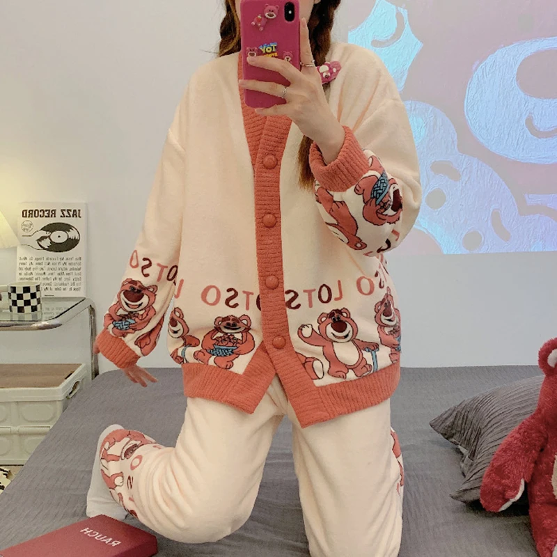 Women Winter Thick Warm V-Neck Cardigan Cartoon Bear Top Pants Flannel Pajama Set Fleece Pajamas Sleepwear Homewear Female Suit