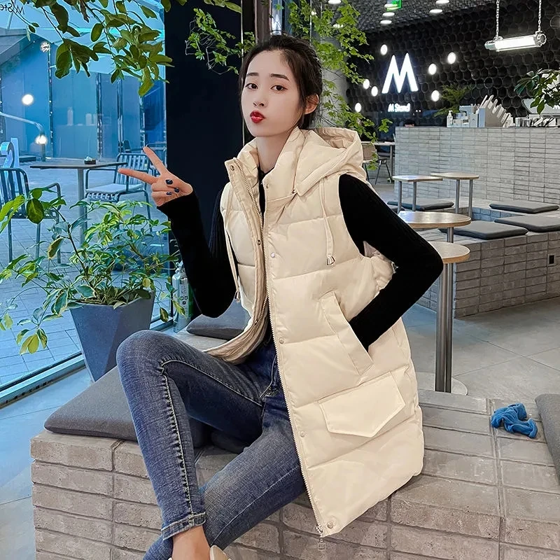 

2022 Long Vest Coat Women Fashion Warm Sleeveless Parkas Hooded Solid Loose Female Waistcoat Casual Outerwear Jacket Top Pink
