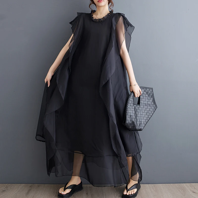 SuperAen 2024 летние новые стильные двухслойные платья оверсайз без рукавов с круглым