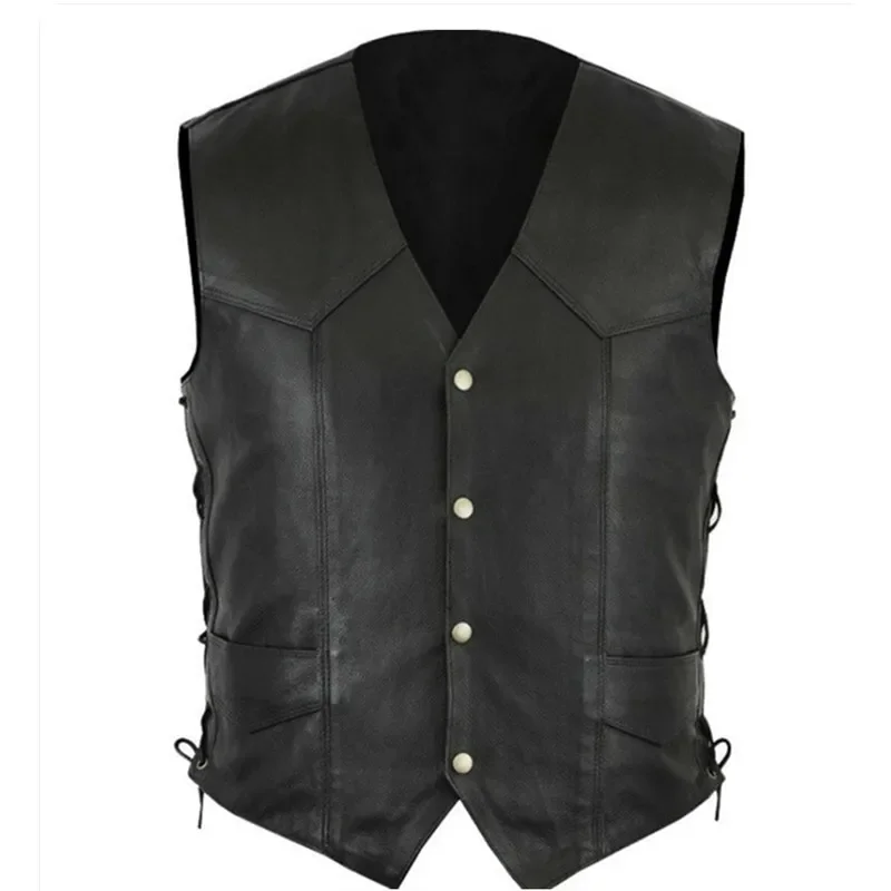Жилет мужской из искусственной кожи однотонная Черная байкерская куртка в стиле