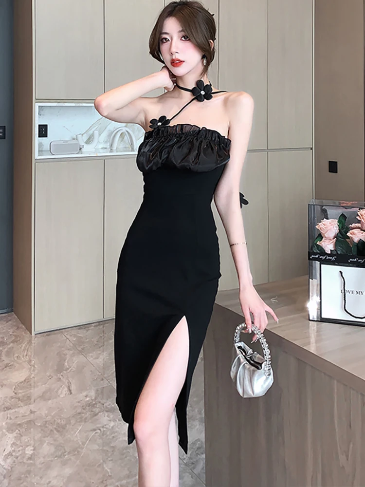 

Летнее черное элегантное шикарное платье с оборками, женское привлекательное корейское винтажное вечернее платье в стиле Хепберн 2023, модные роскошные платья