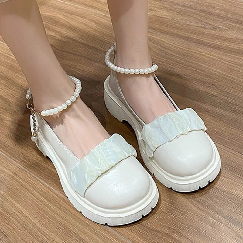 

2023 Autumn New Mary Jane Pearl Beaded Lace Women Shoes Lolita Luxury Round Toe Mid Heels Dress Casual PU Leather Femme Shoes