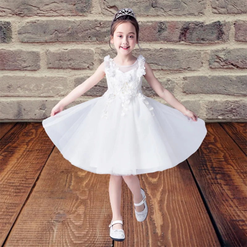 

White Girl High-End Princess Dress Flower Girl Pengpeng Yarn Wedding Bridesmaid Girl Birthday Party Performance Dress Summer