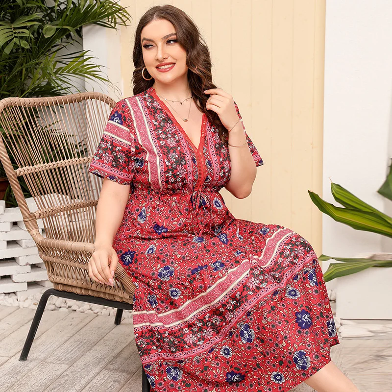 

Women Summer Bohemian Midi Long Dress Short Sleeve Vintage Floral Print Dress Female Casual Oversized 4xl Elegant Party Dresses