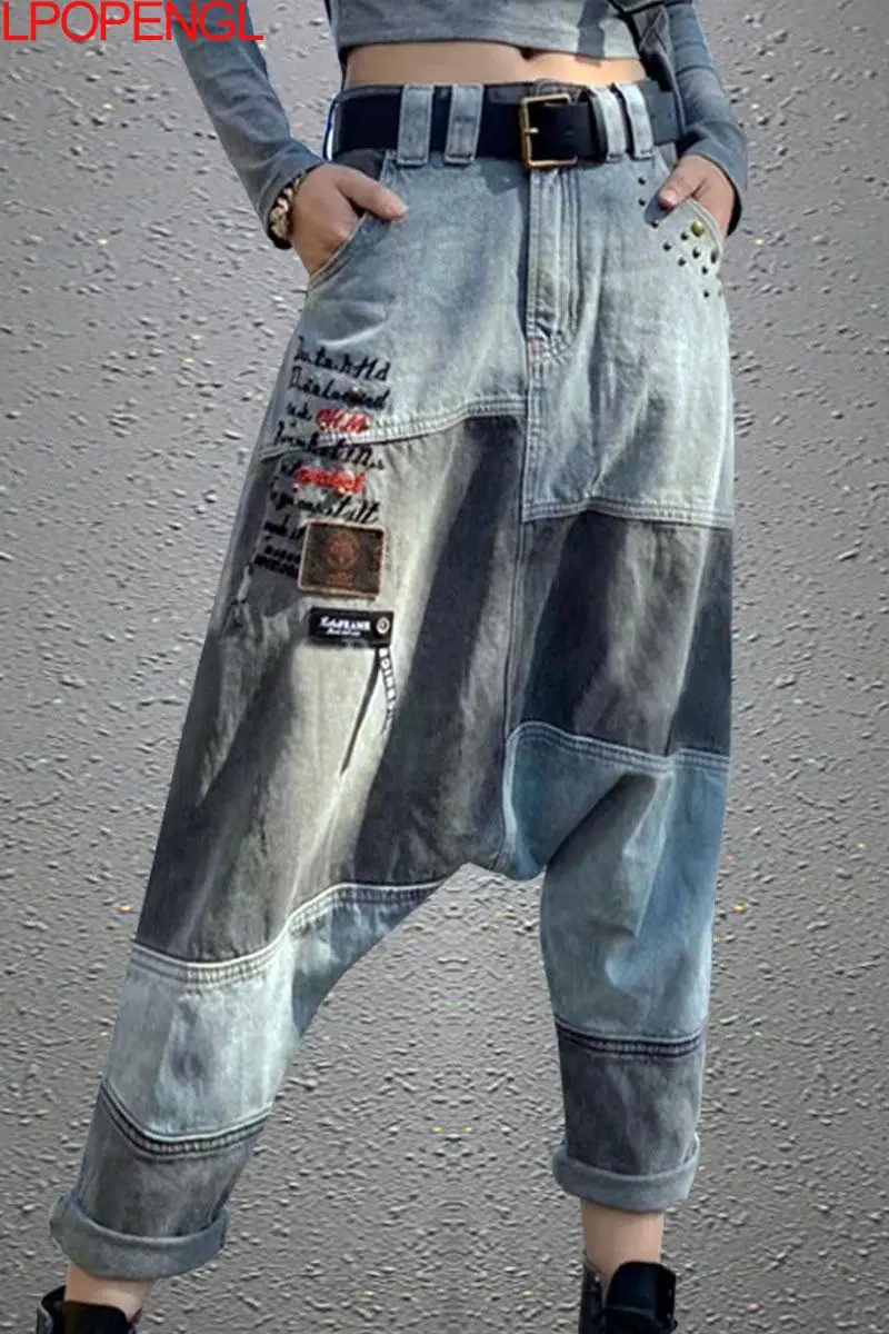 Women High Waist Chic Nine Points Embroidery Jeans Hip Hop Street Cross-pants Full Length Clothing Boyfriend Washed Pants 2022