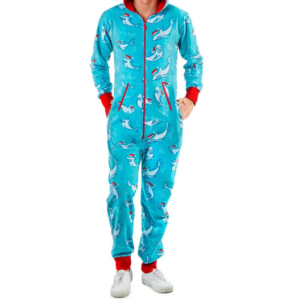 Christmas Sleepwear Men Autumn Winter Warm Elk Snowman Print Long Sleeve Pajamas Jumpsuit Leisure Soft Home Clothes