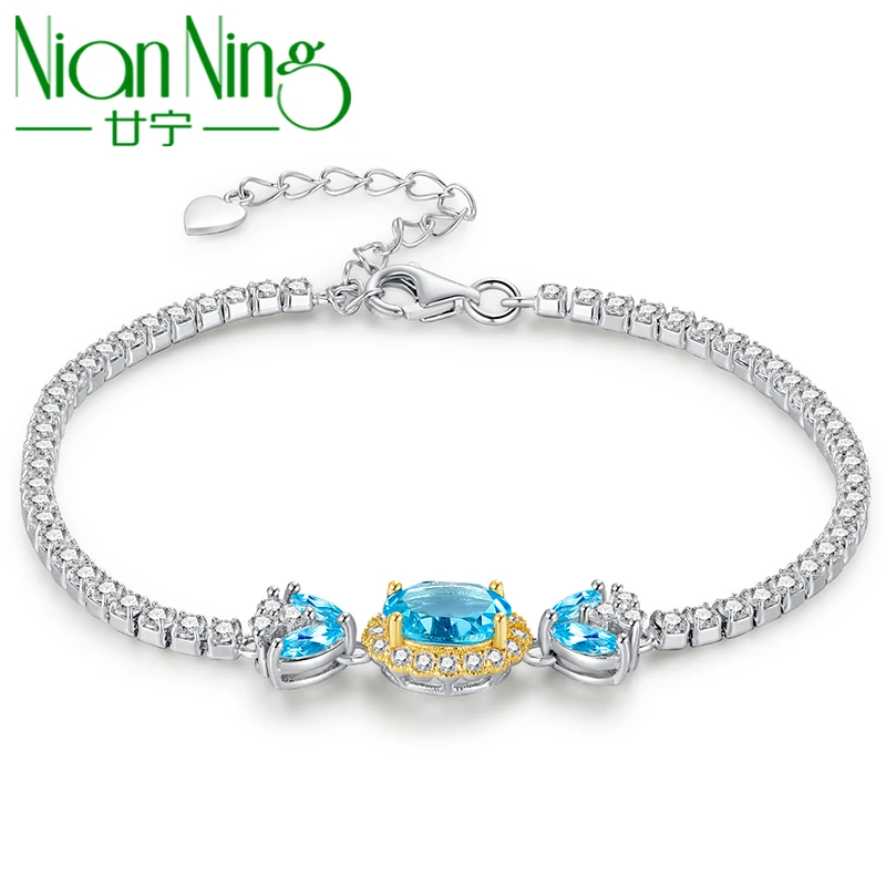 NianNing 100% Topaz 925 Sterling Silver Bracelets 2022 New Trend Women Blue Stone Gem Gemstones S925 Jewelry Gift 7110