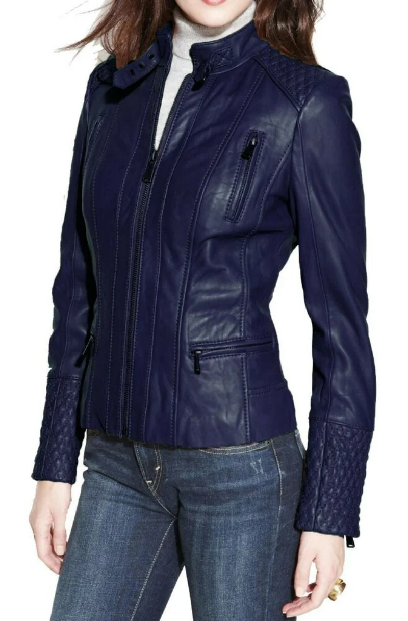 Women Lambskin Leather Jacket with Biker Slim Fit Green Coat Genuine Leather Jacket