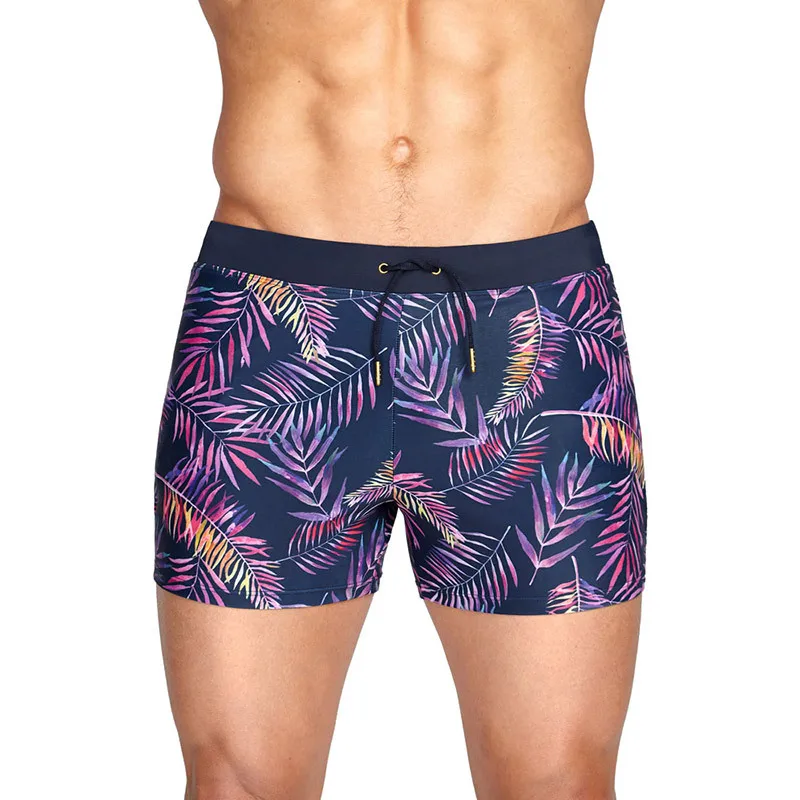Swimwear Men Swimsuits Leaf Print Swim Boxer Briefs Surf Trunks Beach Shorts Quick Dry Bathing Suits with Pockets