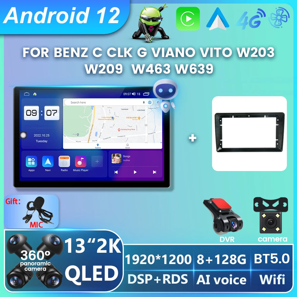 

Android 12 Intelligent System Car Radio For Benz C CLK G Viano Vito W203 W209 W463 W639 For Carplay Auto GPS BT 4G LTE Wifi 2Din