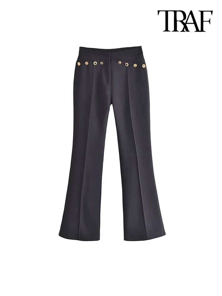 

Women Fashion With Metal Button Flared Pants Vintage High Waist Zipper Fly Female Trouser Mujer