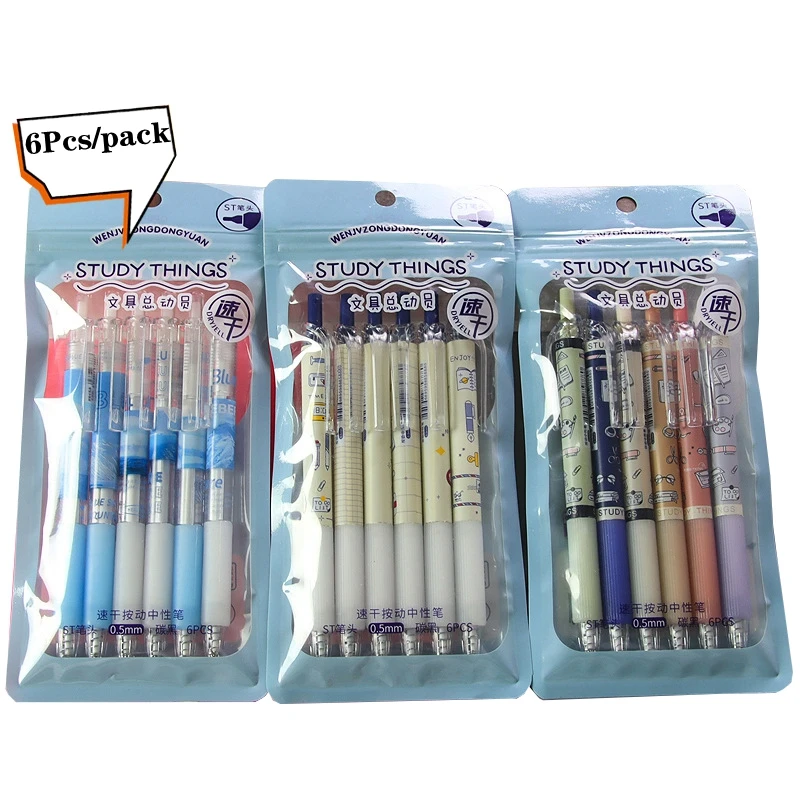 

6Pcs/pack Retractable Gel Pens Set Black Ballpoint for Writing 0.5mm Refills Office Accessories School Supplies Stationery